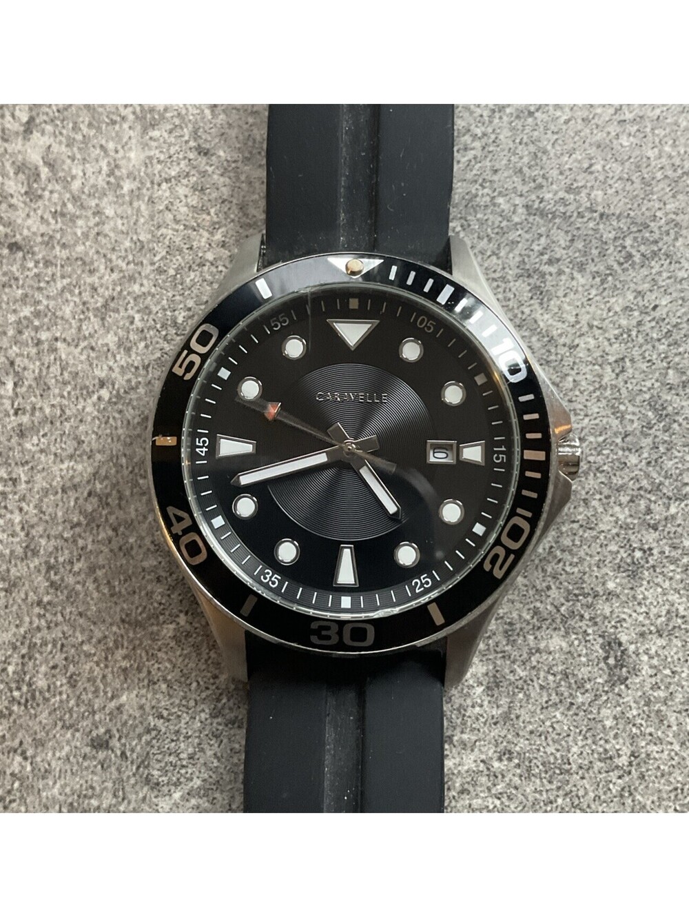 Caravelle Mens Diver Style Watch 42mm Silver Tone Case Black Silicone Band Bin J